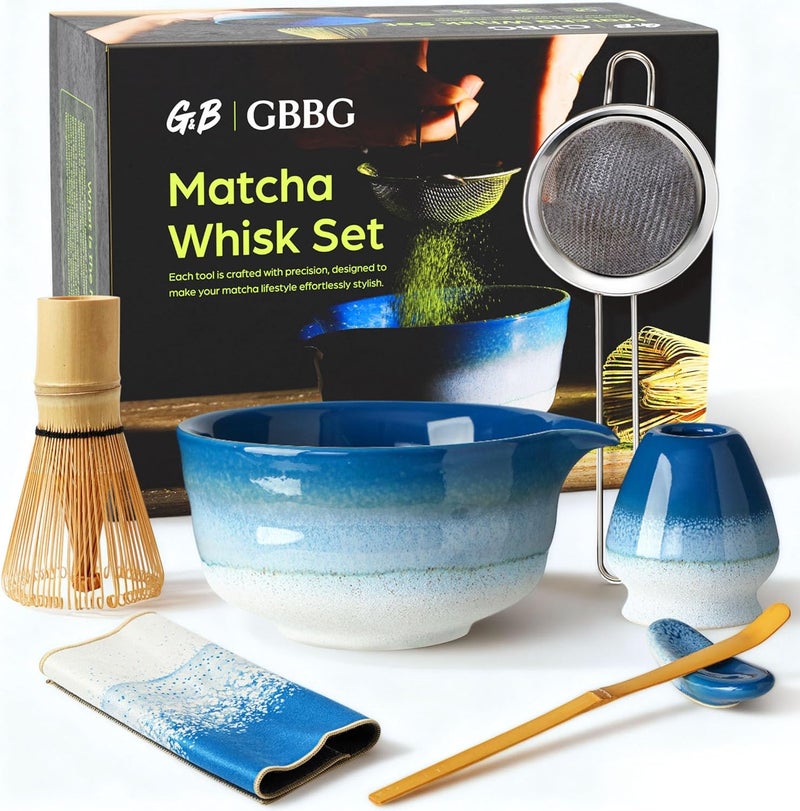 GBBG Matcha Whisk Set, Ceramic Matcha Kit Desert Style, Matcha Whisk and Bowl, Bamboo Scoop and Rest, Sifter and Tea Towel, 7 Pcs Gifts for Matcha Lover (Blue) - Image 1